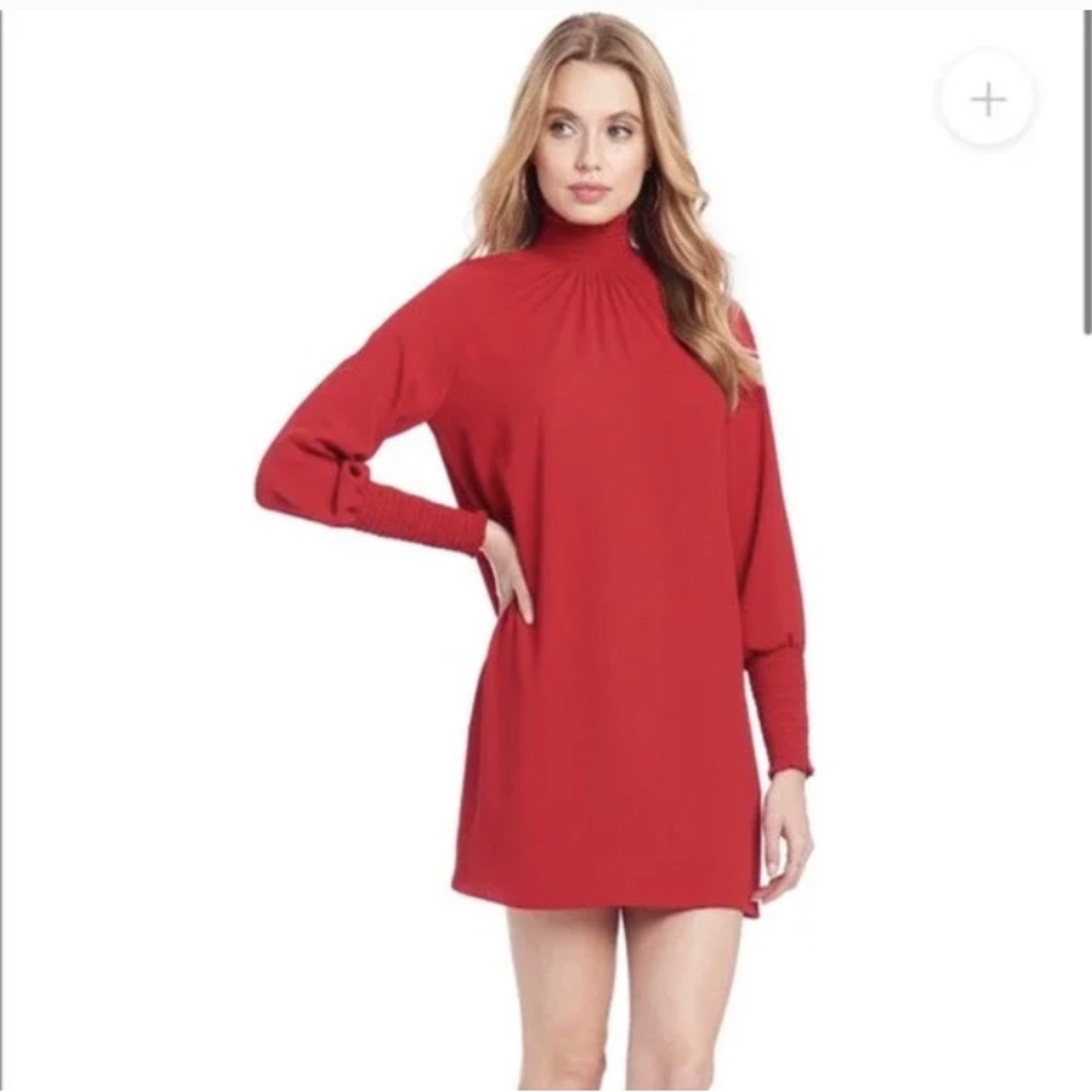Amanda Uprichard Naoemi red Long Smocked Sleeve High Neck Shift Mini Dress